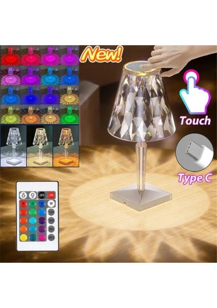 Dokunmatik Kristal Elmas Masa Lambası, 16 Işık Modu, Akrilik, Şarjlı, Romantik Aydınlatma