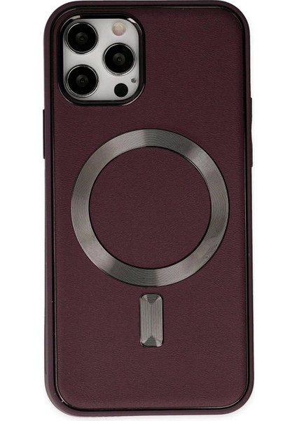 Bfs iPhone 12 Pro Max Kılıf Coco Deri Magneticsafe Silikon - Bordo