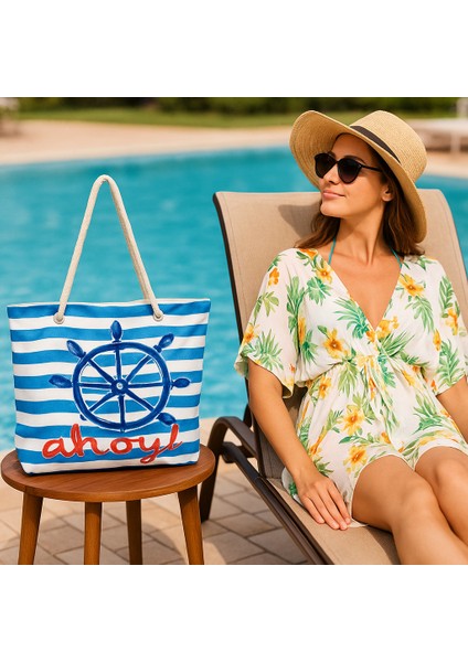 Kadın Askılı Renkli Desenli Havuz Tatil Plaj Çantası-Polyester-Denize Merhaba Modeli