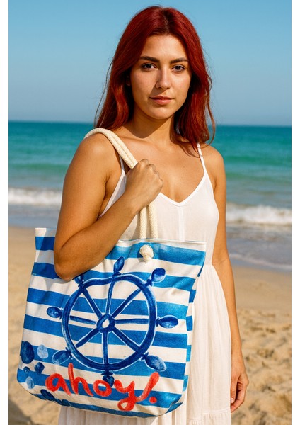 Kadın Askılı Renkli Desenli Havuz Tatil Plaj Çantası-Polyester-Denize Merhaba Modeli fırsatları