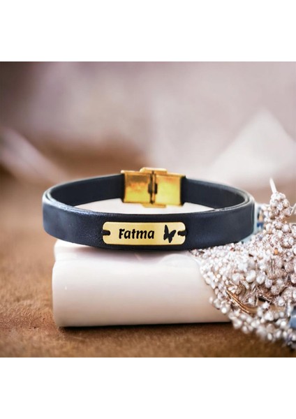 14 Ayar Plakalı Altın Fatma Ismine Özel Kelebek Motifli Siyah Derili Hediye BILEKLIK-578ISIM