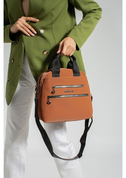 Kadın Çok Gözlü Saten Kumaş Çapraz Askılı El ve Omuz Çantası, Kahverengi