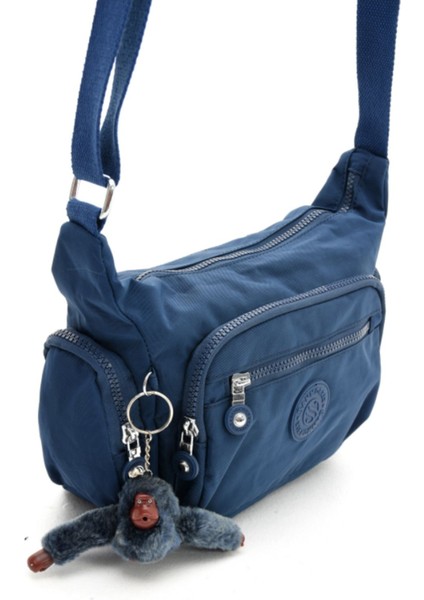 Lacivert Çok Bölmeli Krinkır Kumaşlı Şık Omuz Çantası