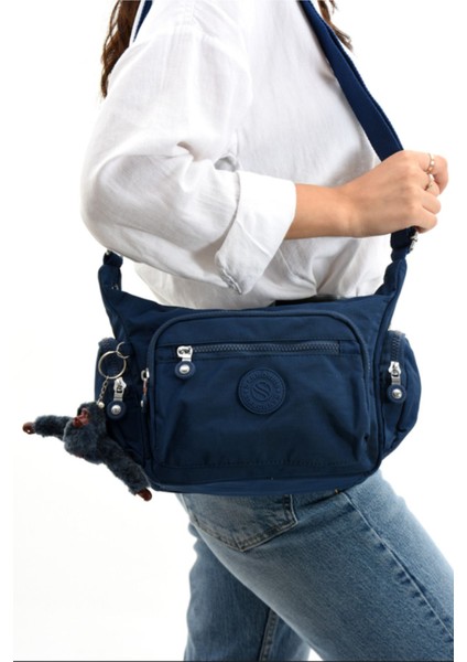 Lacivert Çok Bölmeli Krinkır Kumaşlı Şık Omuz Çantası fiyatları