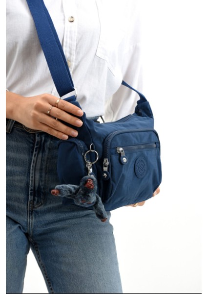 Lacivert Çok Bölmeli Krinkır Kumaşlı Şık Omuz Çantası modelleri