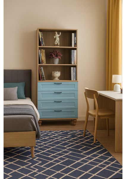 Mavi MDF Çekmeceli Şifonyer ve Kitaplık Set | Ağaç Ayaklı | Fonksiyonel ve Şık Depolama Çözümü