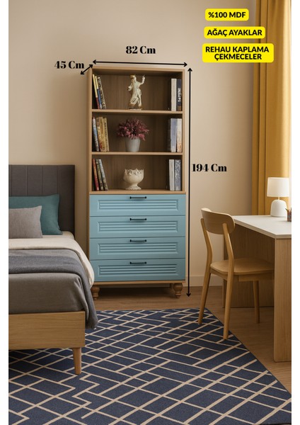 Mavi MDF Çekmeceli Şifonyer ve Kitaplık Set | Ağaç Ayaklı | Fonksiyonel ve Şık Depolama Çözümü fiyatları