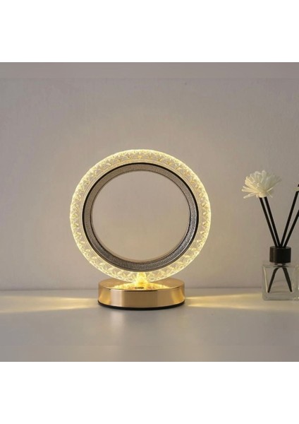 Şarjlı 3 Kademeli Yuvarlak Kristal Elmas Dokunmatik ve Akustik Masa Lambası Beyaz