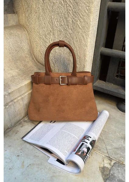 Şık Süet Kadın Çanta, El ve Omuz Kullanım, Taba Renk