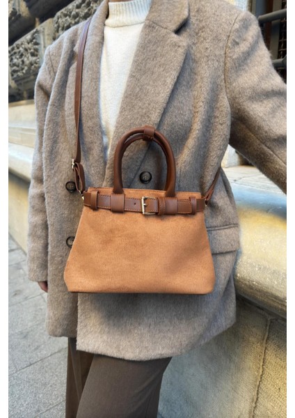 Şık Süet Kadın Çanta, El ve Omuz Kullanım, Taba Renk fırsatları