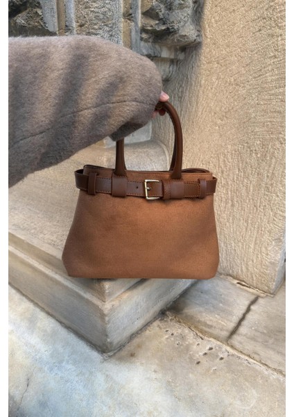 Şık Süet Kadın Çanta, El ve Omuz Kullanım, Taba Renk