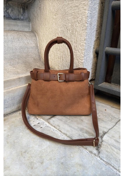 Şık Süet Kadın Çanta, El ve Omuz Kullanım, Taba Renk