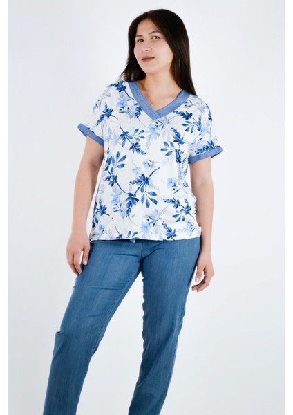Çiçek Desenli V Yaka Kısa Kol Bluz - Mavi fırsatları
