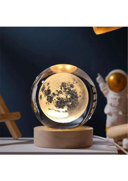 Ahşap Altlıklı Işıklı Dolunay Cam Küre, Şık ve Doğal Dekorasyon.