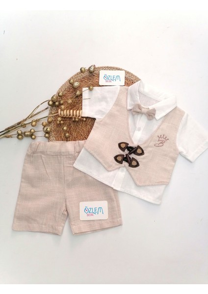 Çoban Düğme Cepken Yelek 2'li Keten Takım Taş - 12-18 Ay