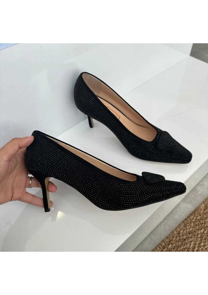 Hakiki Süet Deri Taşlı Siyah Stiletto fırsatları