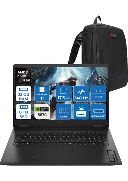 Omen 17-DB1000NT Amd Ryzen Aı 9 365 32GB Ddr5 8tb SSD 8GB-RTX5070 Windows 11 Home 17.3" IPS 240HZ Qhd (2560 x 1440) 300NİT 3ms %100 Srgb Taşınabilir Bilgisayar BV7W3EAH18 + Zetta Çanta