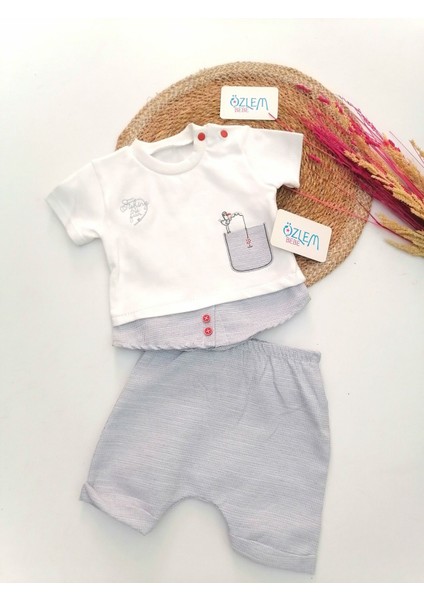 Leylek Nakış Pötikare Şortlu 2'li Takım Beyaz - 3-6 Ay