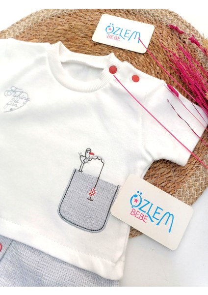 Leylek Nakış Pötikare Şortlu 2'li Takım Beyaz - 3-6 Ay fiyatları