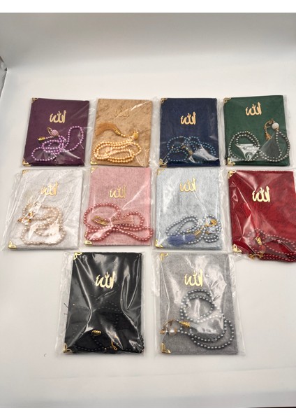 10 Adet Karışık Hediyelik Jelatinde Kadife Yasin Cüzü ve Inci Tesbih Seti(Mevlid-Umre) modelleri