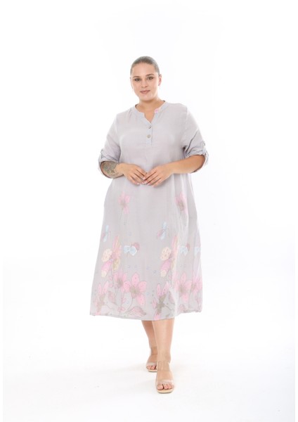 Kadın Dokuma Viskon Baskılı Büyük Beden Elbise