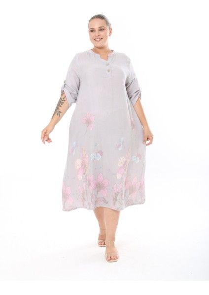 Kadın Dokuma Viskon Baskılı Büyük Beden Elbise