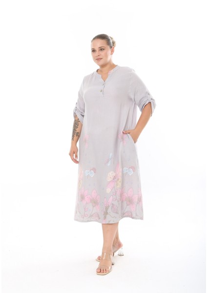 Kadın Dokuma Viskon Baskılı Büyük Beden Elbise