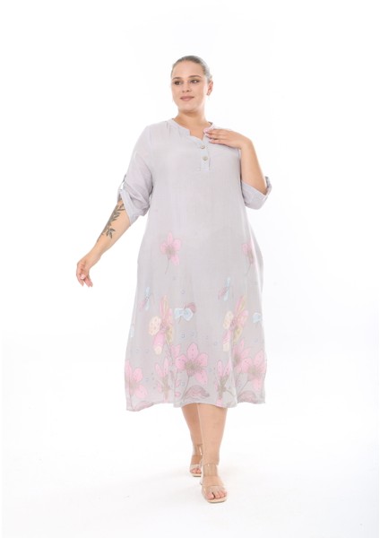 Kadın Dokuma Viskon Baskılı Büyük Beden Elbise