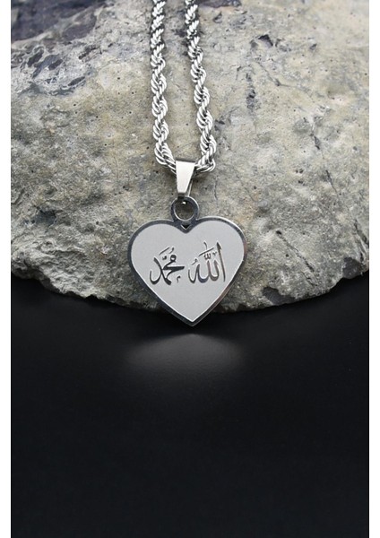 Allah ve Muhammed Yazlı Kolye Paslanmaz Çelik Zincir 3mm 902085