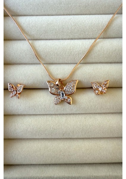 14K Altın Kaplama Zirkon Taşlı Kelebek Detaylı Kolye & Küpe Set