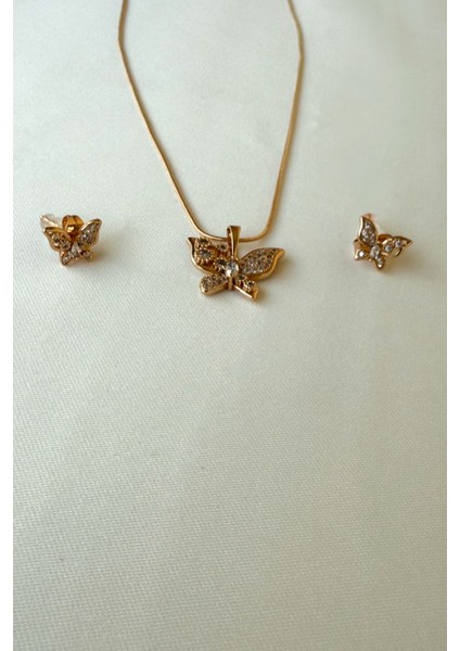 14K Altın Kaplama Zirkon Taşlı Kelebek Detaylı Kolye & Küpe Set fiyatları