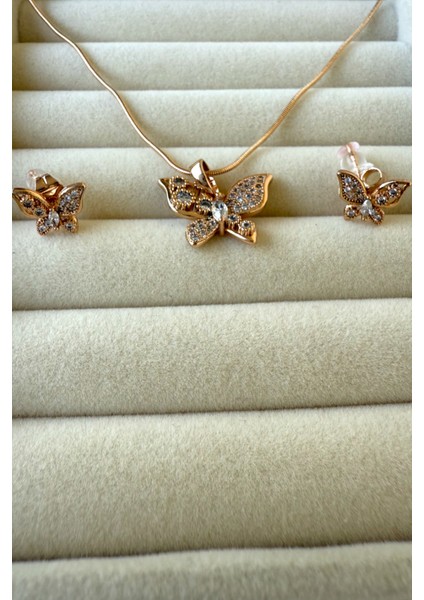 14K Altın Kaplama Zirkon Taşlı Kelebek Detaylı Kolye & Küpe Set modelleri