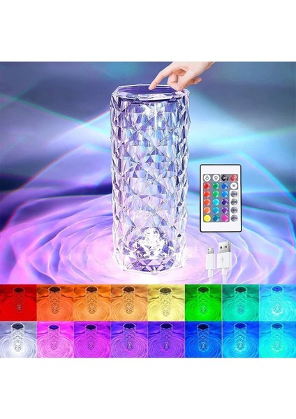 Renkli Kristal Masa Lambası, Gül Yaprağı ve Elmas Tasarımı, Dokunmatik Atmosfer Işığı modelleri