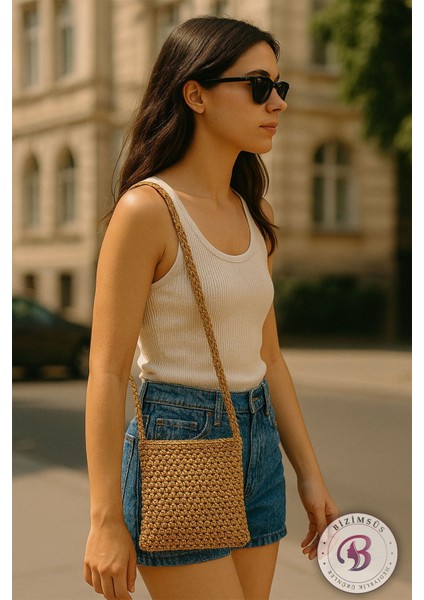 El Yapımı Mood Desen Kağıt Ip Hasır Telefon Çantası, Şık ve Doğal Tasarım