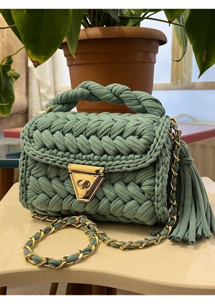 El Yapımı Yeşil Fıstık Model Omuz ve Çapraz Kullanım Şık Çanta