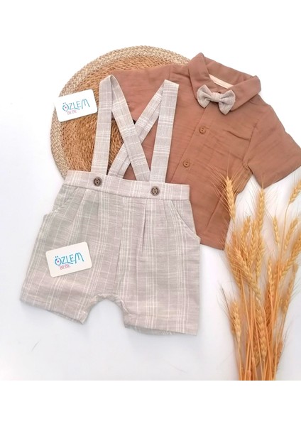 Müslin Gömlekli Keten Şort Salopet 2'li Takım Kahverengi - 12-18 Ay