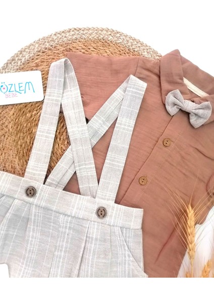 Müslin Gömlekli Keten Şort Salopet 2'li Takım Kahverengi - 12-18 Ay fiyatları