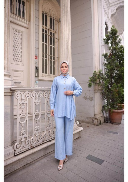 Gömlek Yaka Belden Yarı Bağcıklı Cepli Metal Düğme Detaylı Ikili Tesettür Eşofman Takımı - (38-46) - 71293 - Indigo