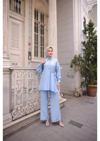 Gömlek Yaka Belden Yarı Bağcıklı Cepli Metal Düğme Detaylı Ikili Tesettür Eşofman Takımı - (38-46) - 71293 - Indigo fiyatları