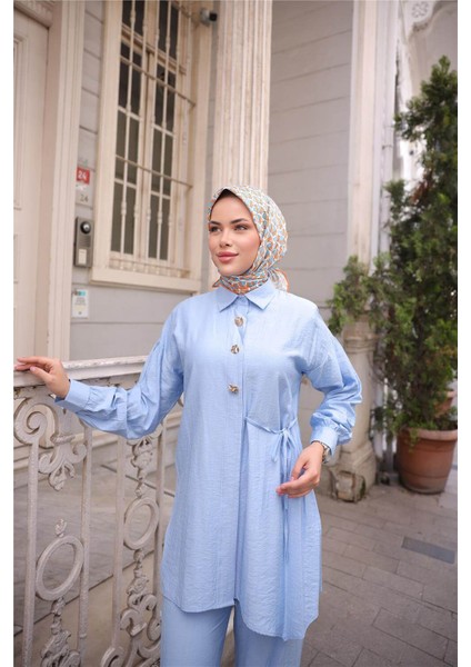 Gömlek Yaka Belden Yarı Bağcıklı Cepli Metal Düğme Detaylı Ikili Tesettür Eşofman Takımı - (38-46) - 71293 - Indigo modelleri