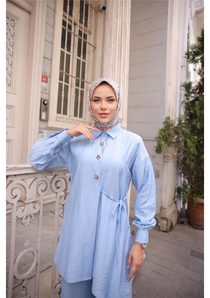Gömlek Yaka Belden Yarı Bağcıklı Cepli Metal Düğme Detaylı Ikili Tesettür Eşofman Takımı - (38-46) - 71293 - Indigo fırsatları