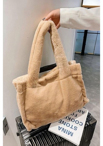 Yumuşak Dokulu Peluş Camel Tote Omuz Çantası Kahverengi