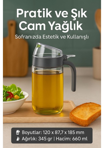660 ml Şeffaf Cam Yağdanlık – Zeytinyağı, Sirke, Nar Ekşisi Için Ideal Antrasit