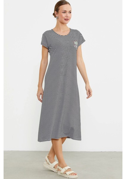 77489 Nakış Detaylı Marine Penye Elbise - Siyah - L