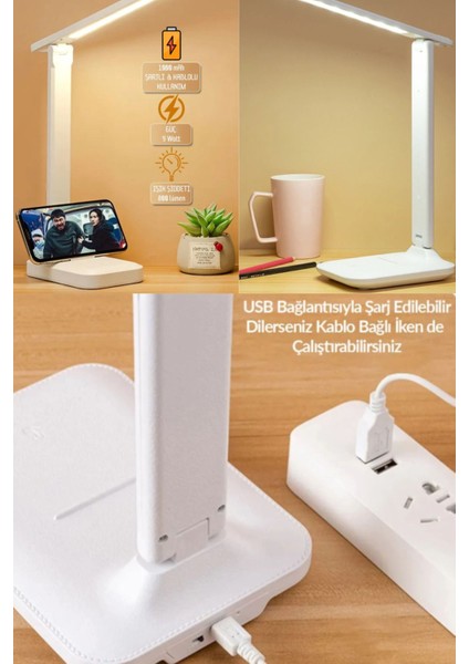 3 Renk Dokunmatik Masa Lambası, Telefon Standı, 9W Led, Usb, Şarjlı, 800 Lümen