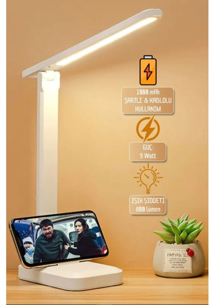 3 Renk Dokunmatik Masa Lambası, Telefon Standı, 9W Led, Usb, Şarjlı, 800 Lümen fiyatları
