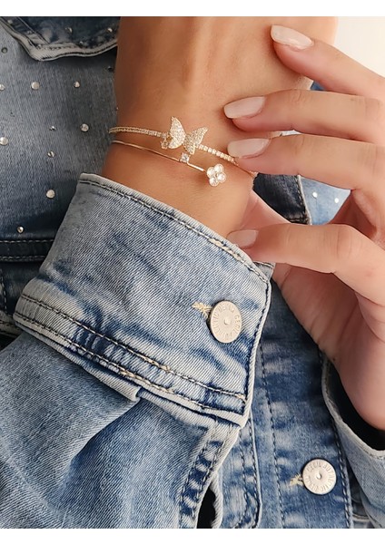 Kelebek Yonca Şans Iki Sıralı Model Gold Renk Çelik Ayarlanabilir Bileklik Kelepçe
