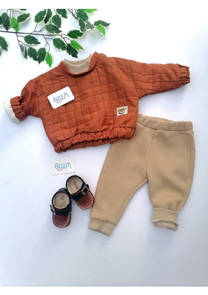 Içi Polarlı Yandan Düğmeli Kapitone Kahverengi 2'li Takım Kahverengi - 6-9 Ay