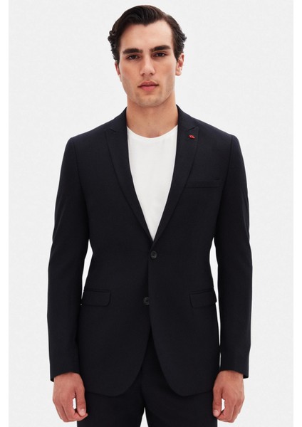 Slim Fit Lacivert Armürlü Takim Elbise