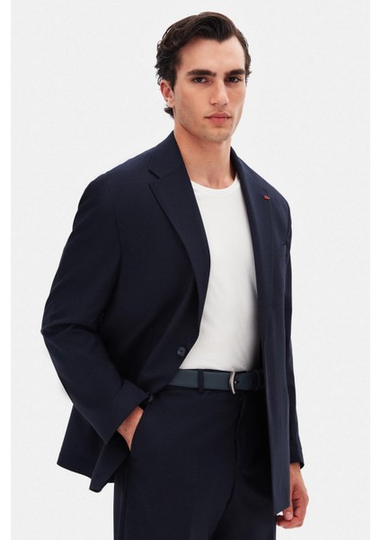 Slim Fit Lacivert Armürlü Takim Elbise modelleri